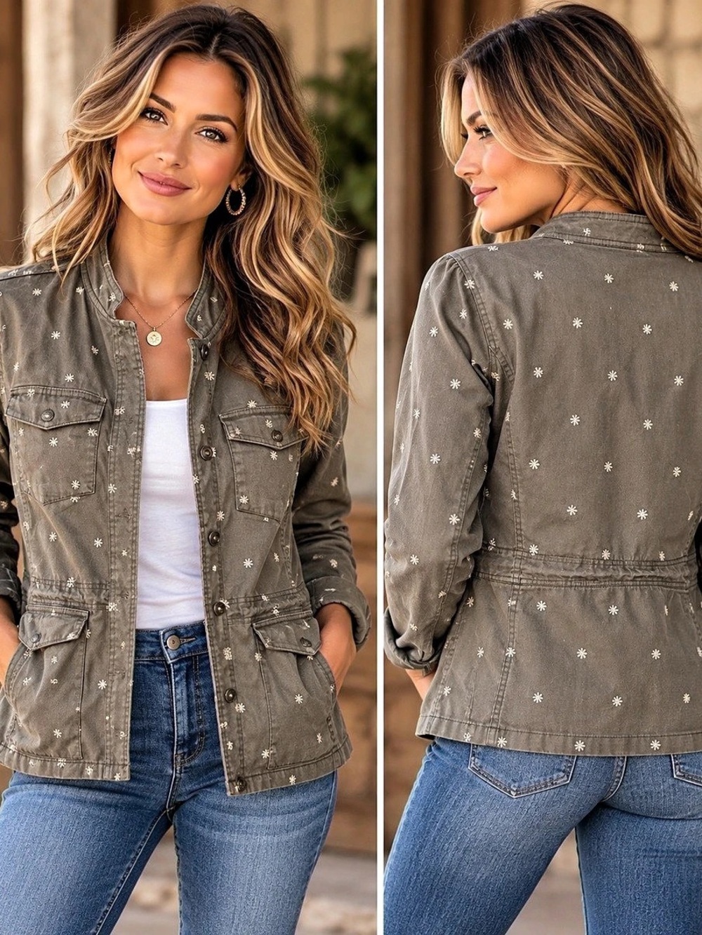 Boden Floral Utility Jacket in Olive green Size 10R Medium